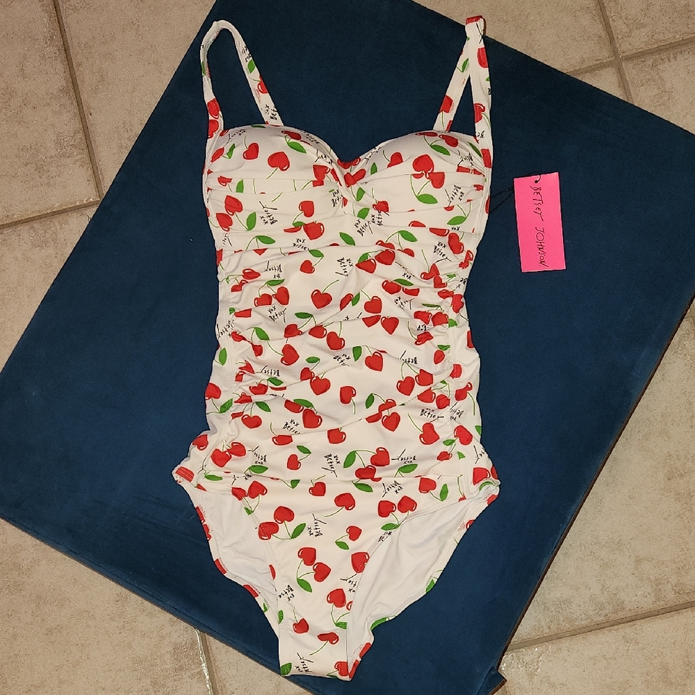 Betsey Johnson White and Red Cherry Print One Piece Swimsuit Small Size Push Up - Picture 1 of 14